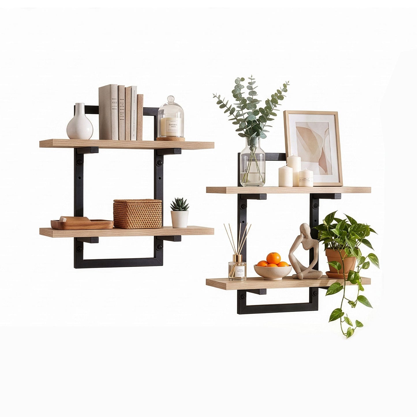 TWSC Set of 2 Floating Wall Shelf 2-Tier Wall-Mounted Display Ledge Wood & Metal