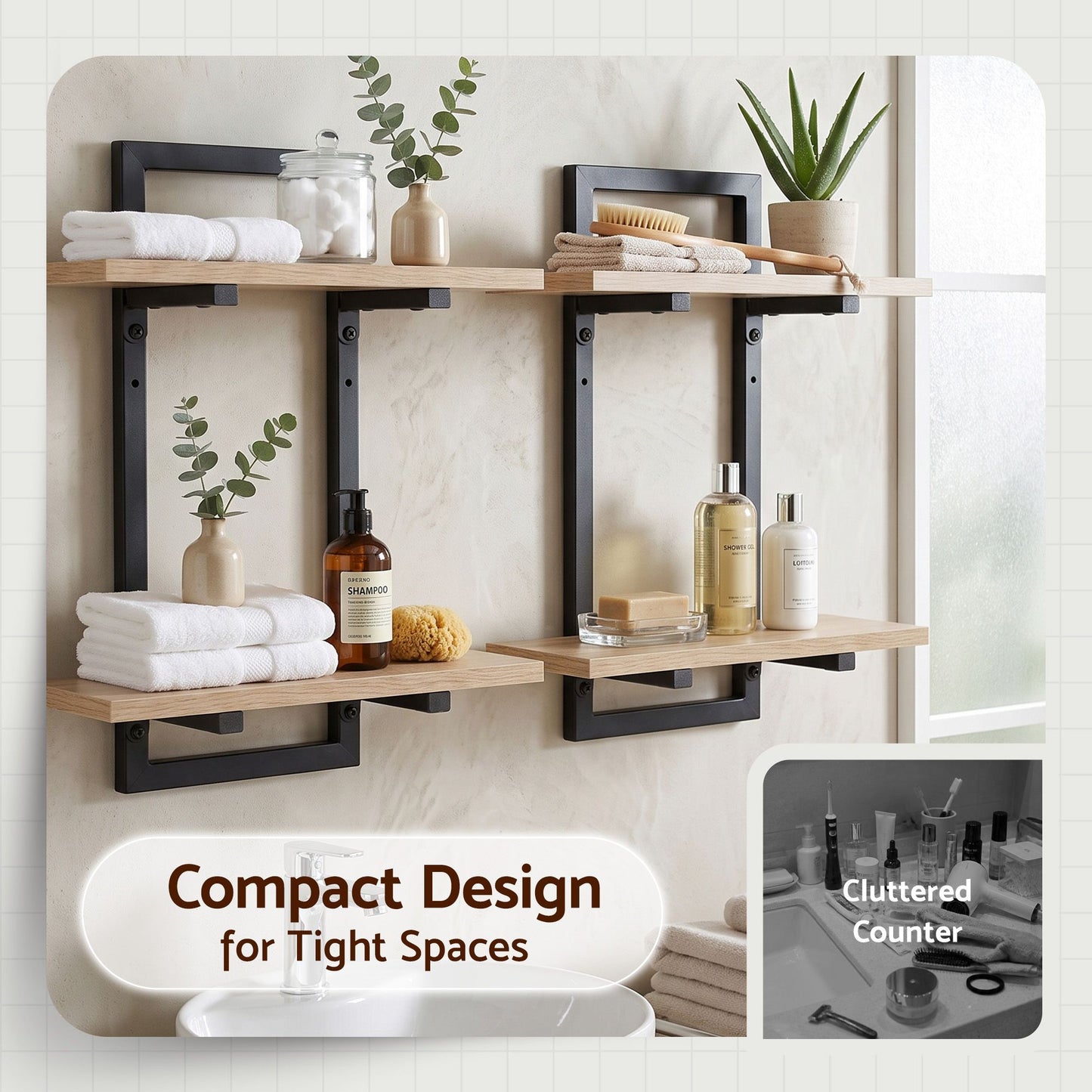 TWSC Set of 2 Floating Wall Shelf 2-Tier Wall-Mounted Display Ledge Wood & Metal