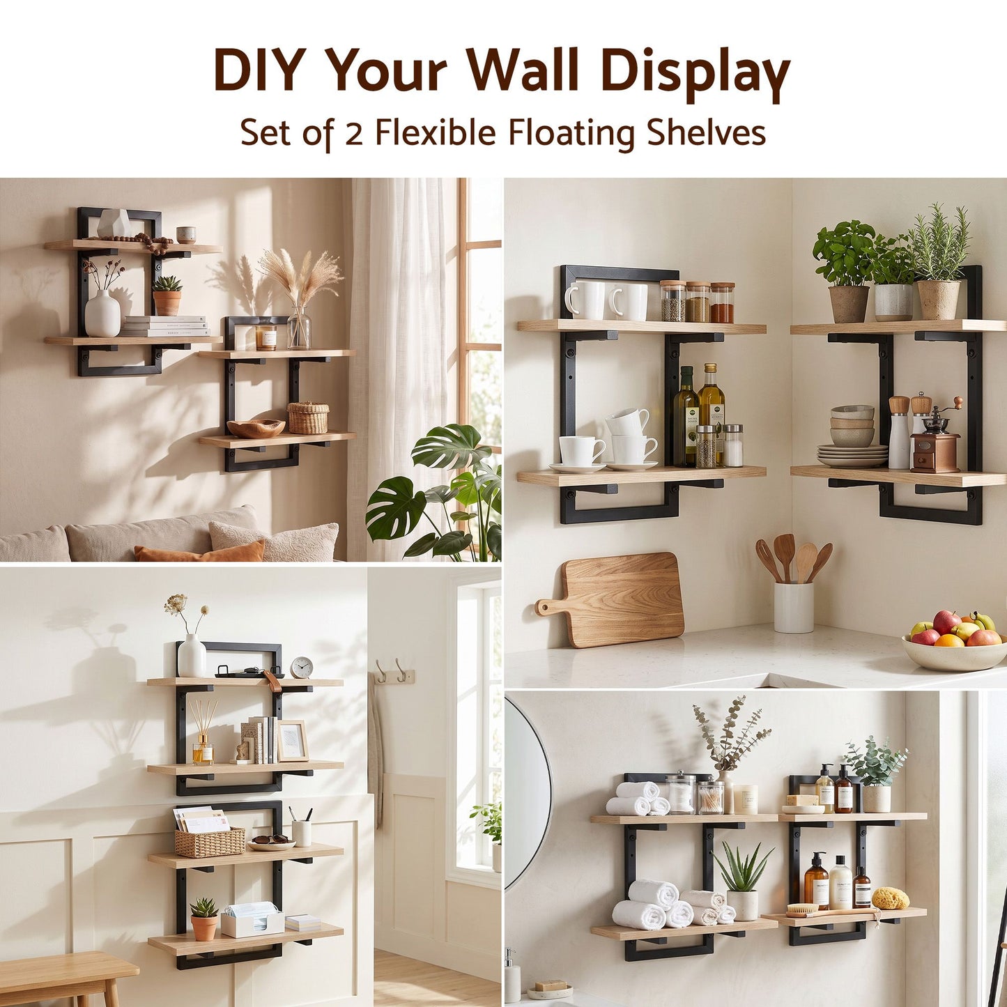 TWSC Set of 2 Floating Wall Shelf 2-Tier Wall-Mounted Display Ledge Wood & Metal