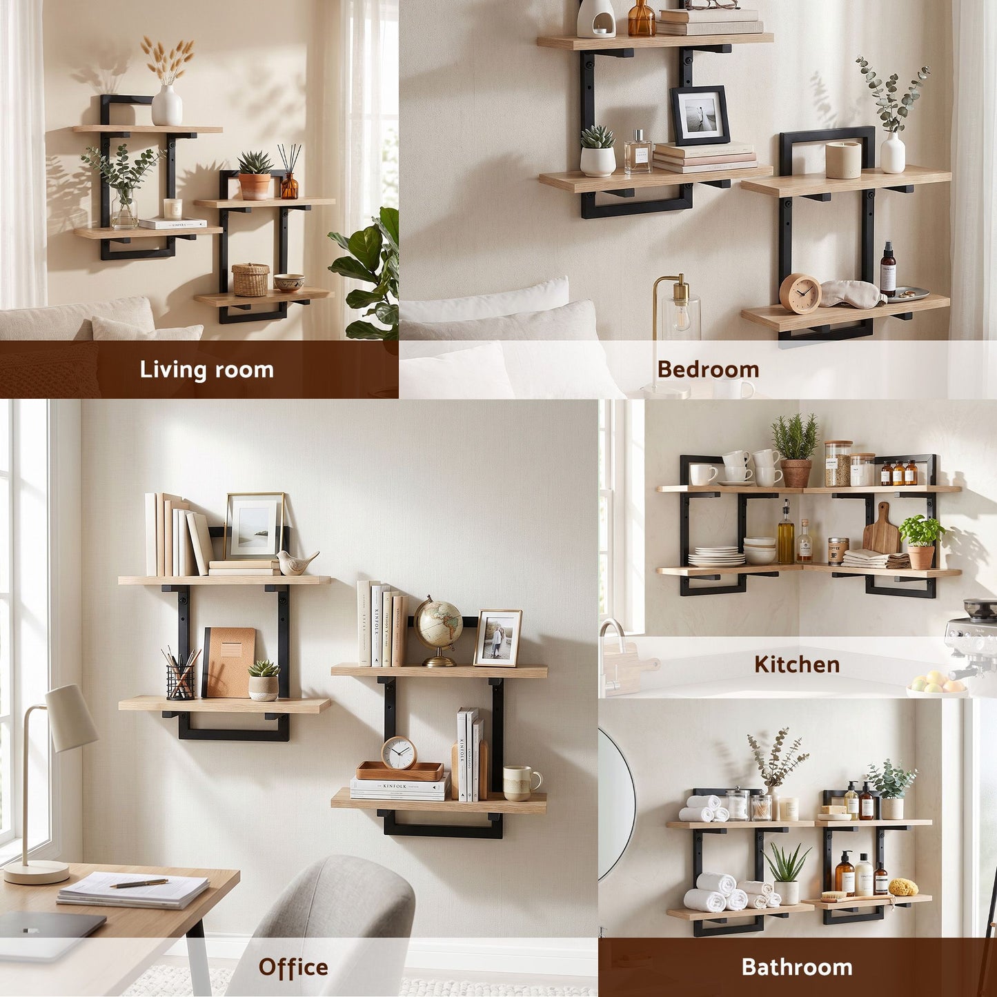 TWSC Set of 2 Floating Wall Shelf 2-Tier Wall-Mounted Display Ledge Wood & Metal