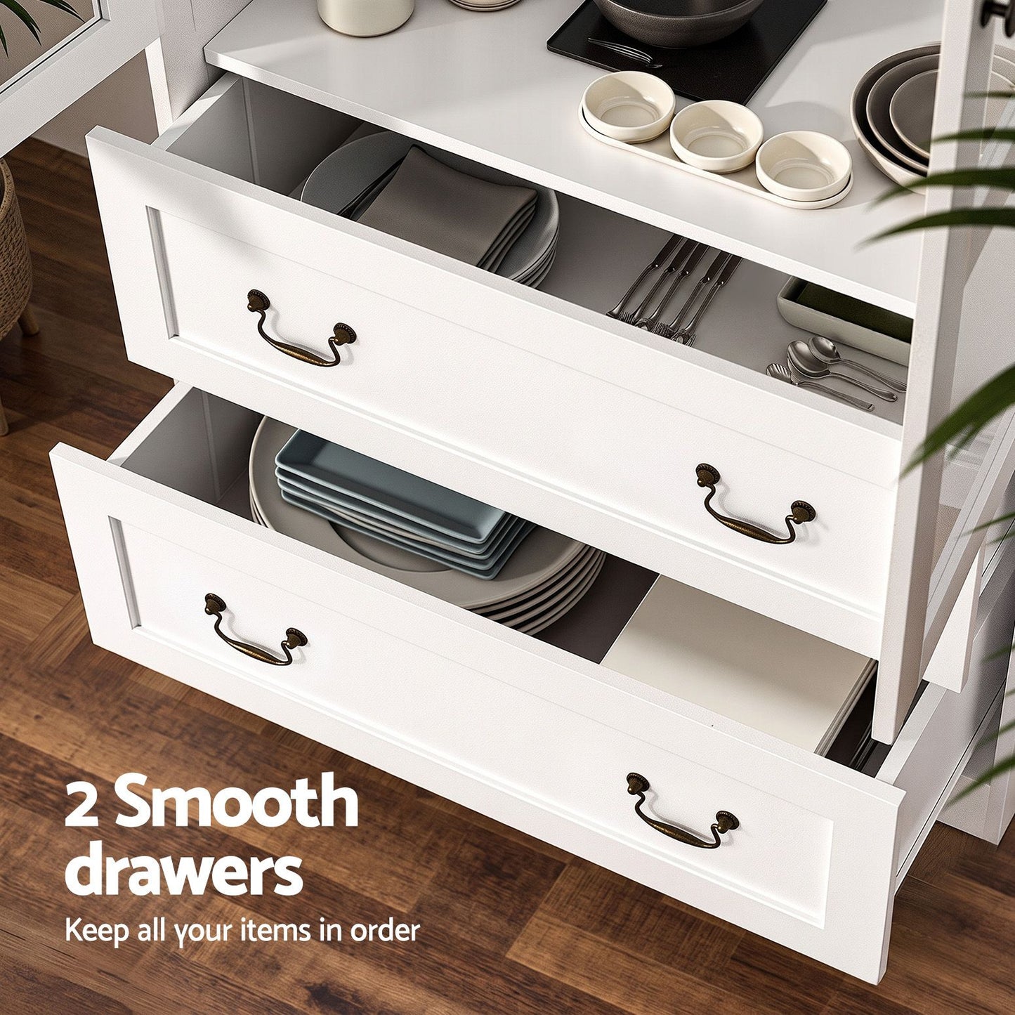Buffet Sideboard with Hutch – White, 180cm, Soft-Close Storage Cabinet