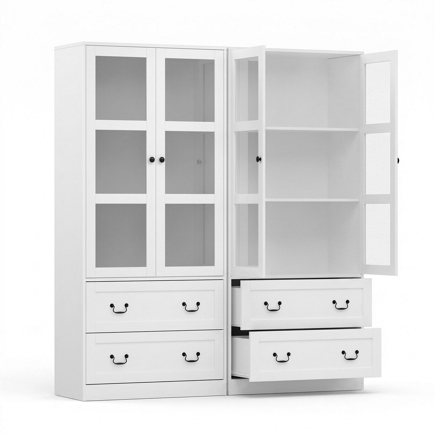 TWSC Buffet Sideboard Cabinets X2 180cm Hutch Storage Kitchen Clear Door White