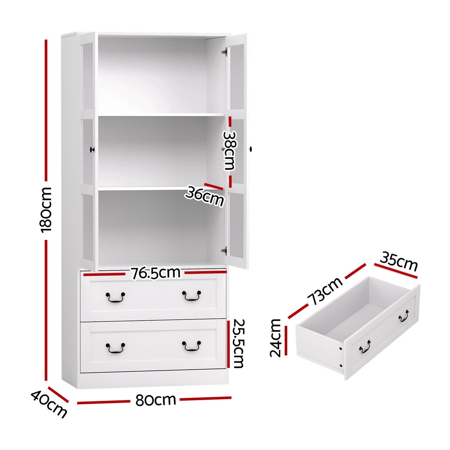 TWSC Buffet Sideboard Cabinets X2 180cm Hutch Storage Kitchen Clear Door White