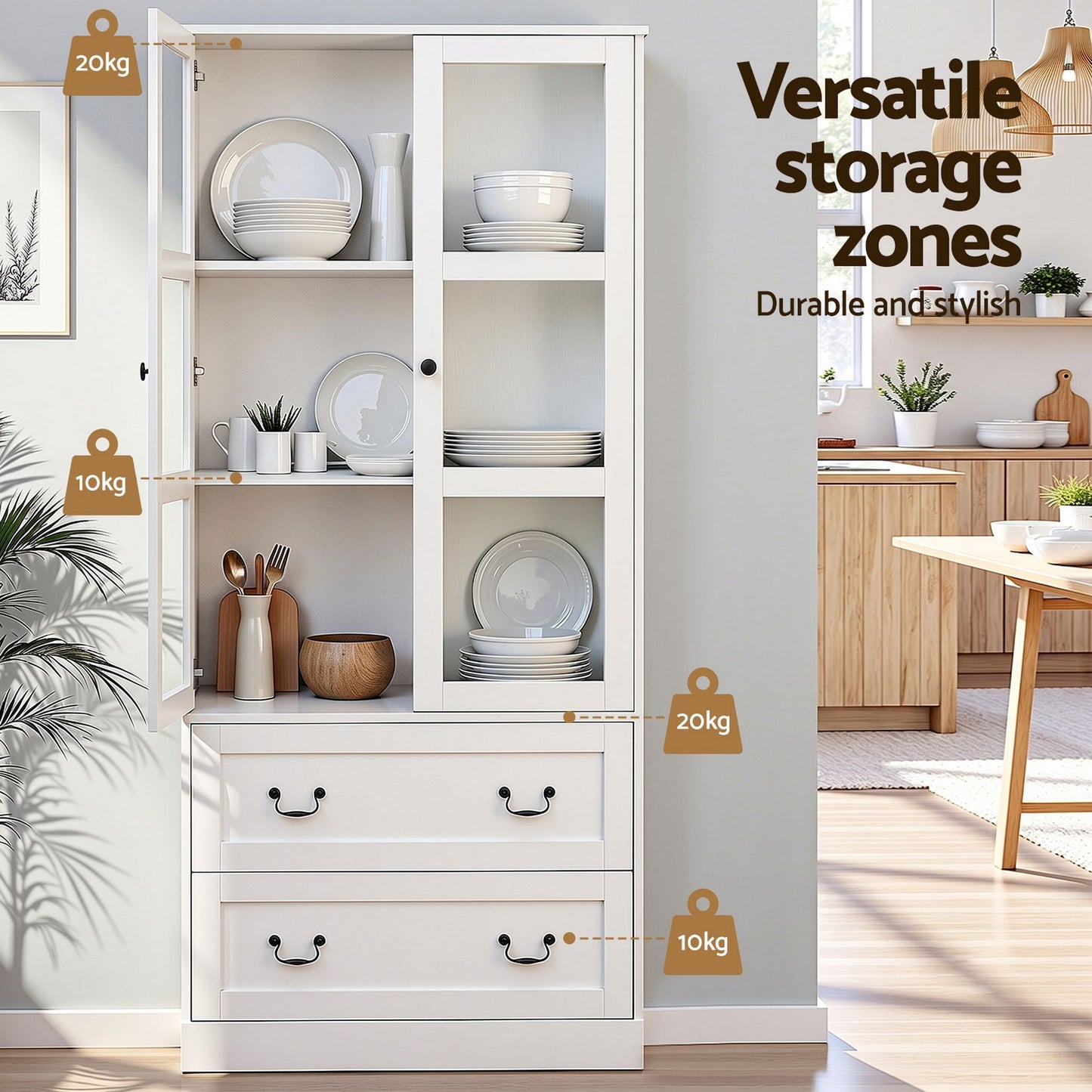 TWSC Buffet Sideboard Cabinets X2 180cm Hutch Storage Kitchen Clear Door White