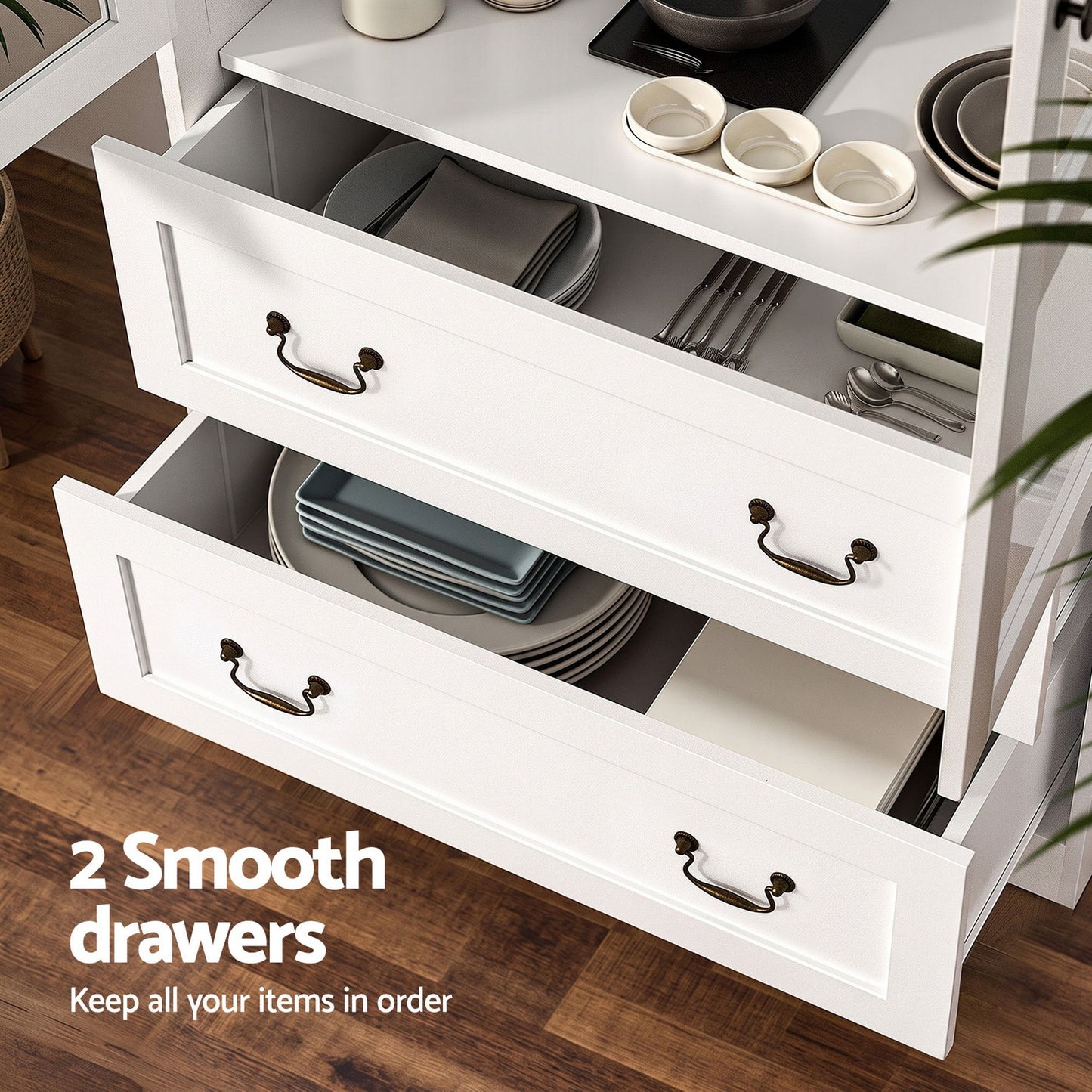 TWSC Buffet Sideboard Cabinets X2 180cm Hutch Storage Kitchen Clear Door White