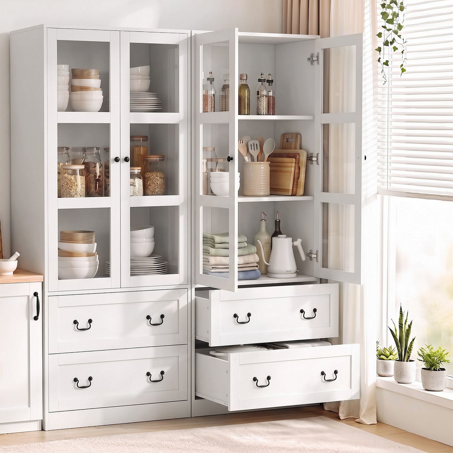TWSC Buffet Sideboard Cabinets X2 180cm Hutch Storage Kitchen Clear Door White