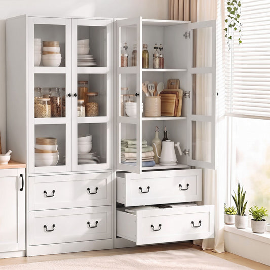TWSC Buffet Sideboard Cabinets X2 180cm Hutch Storage Kitchen Clear Door White