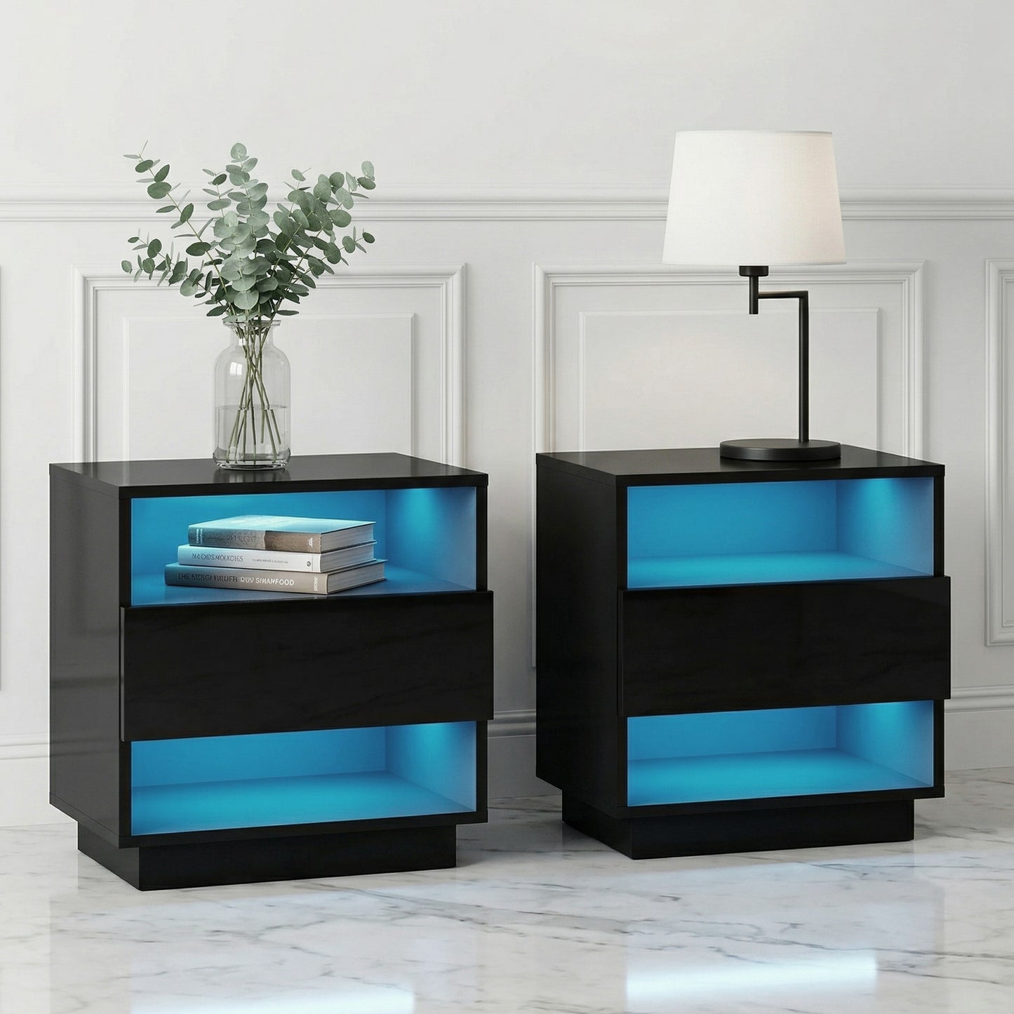 Bedside Table with Customizable LED Light, 2 Shelves – Black, HANA