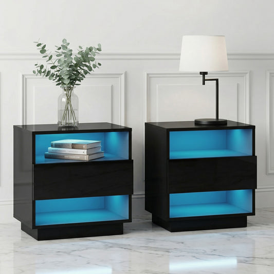 Bedside Table with Customizable LED Light, 2 Shelves – Black, HANA
