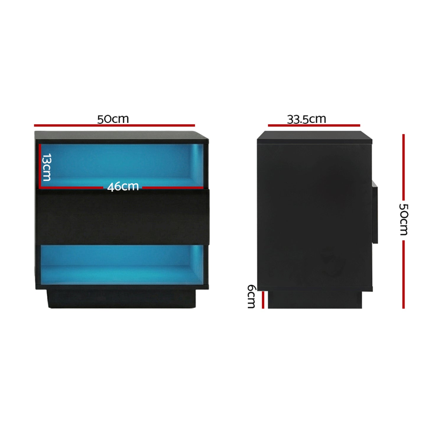 Bedside Table with Customizable LED Light, 2 Shelves – Black, HANA