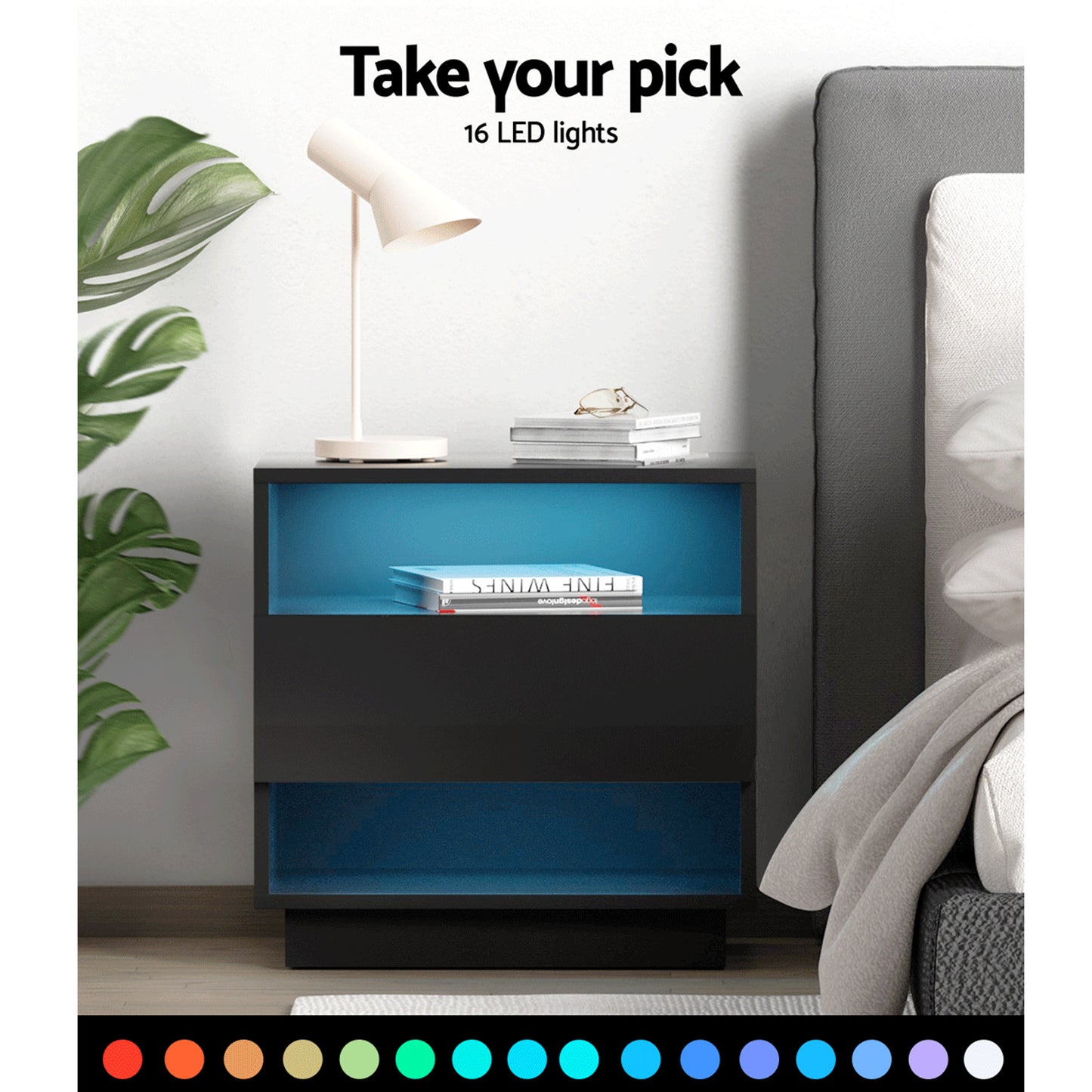 Bedside Table with Customizable LED Light, 2 Shelves – Black, HANA