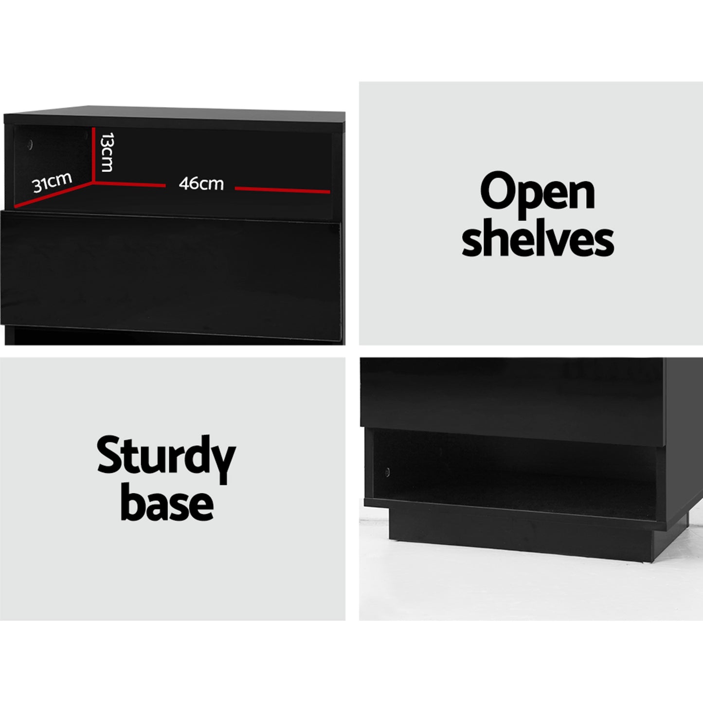 Bedside Table with Customizable LED Light, 2 Shelves – Black, HANA