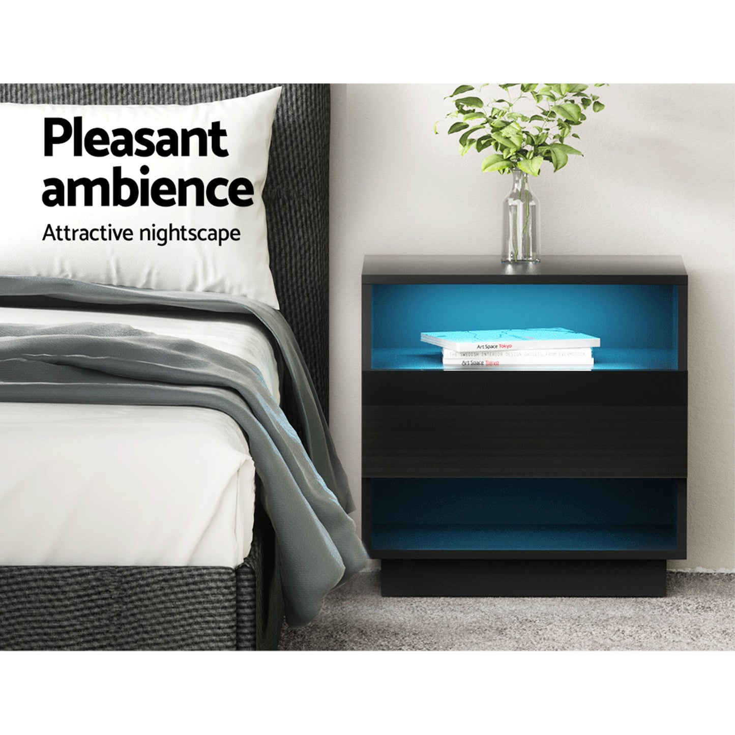 Bedside Table with Customizable LED Light, 2 Shelves – Black, HANA