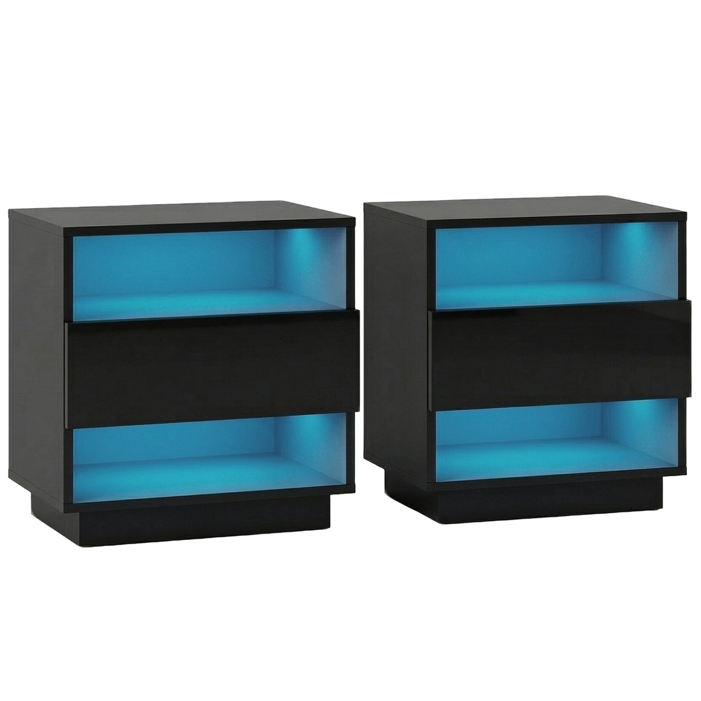 Bedside Table with Customizable LED Light, 2 Shelves – Black, HANA