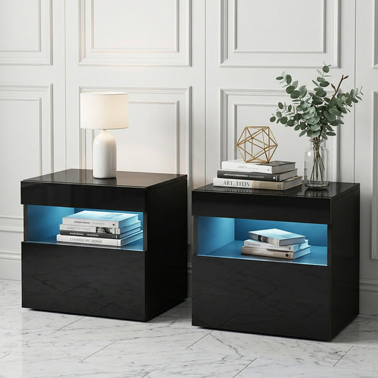 Bedside Table with Customizable LED Lighting – Black, Set of 2