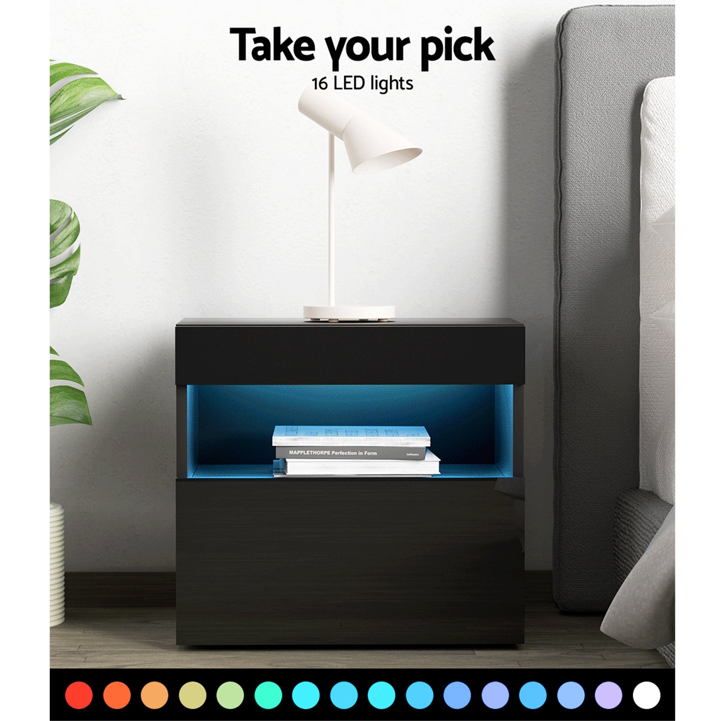Bedside Table with Customizable LED Lighting – Black, Set of 2