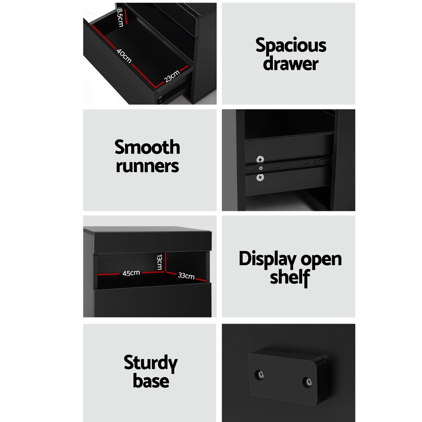 Bedside Table with Customizable LED Lighting – Black, Set of 2