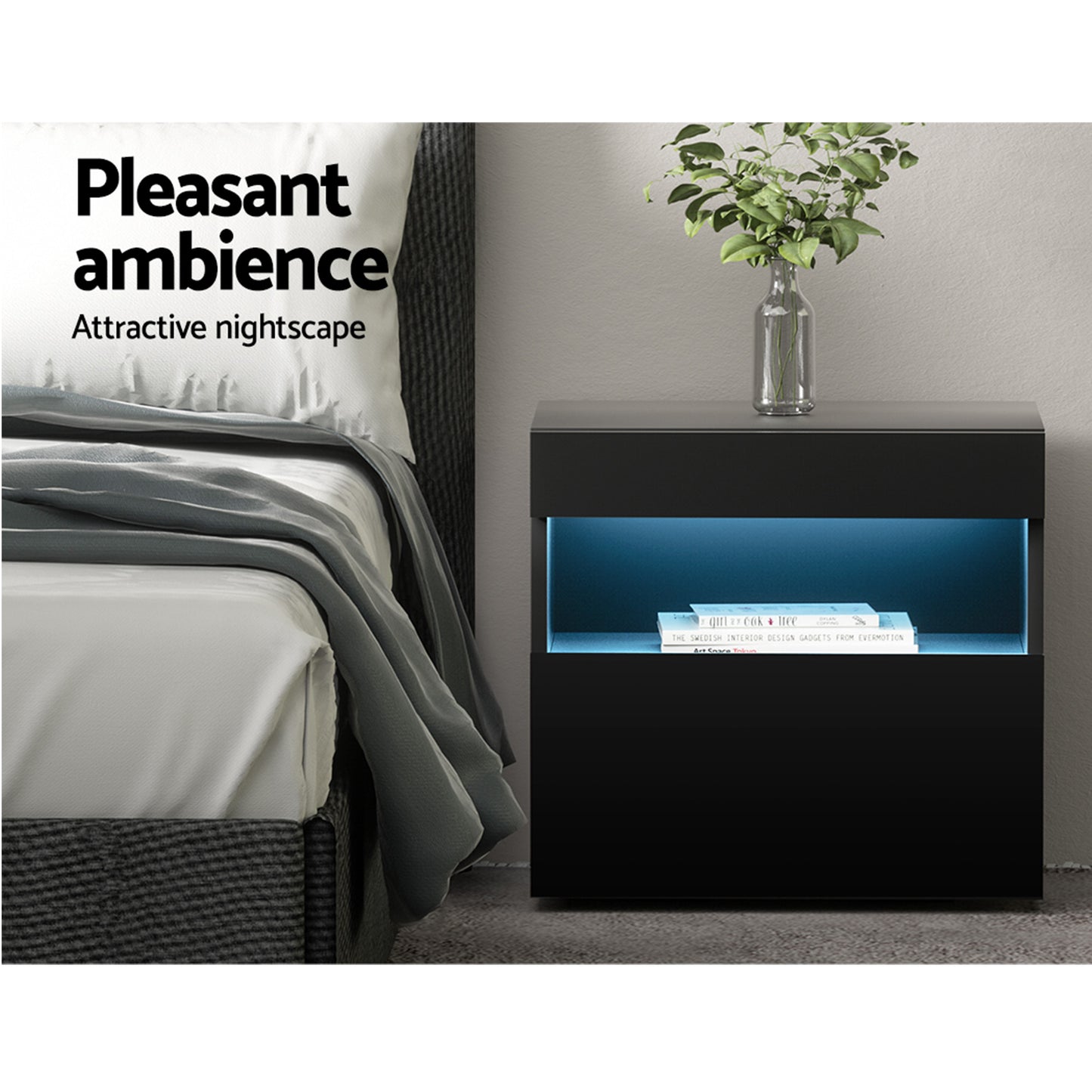 Bedside Table with Customizable LED Lighting – Black, Set of 2