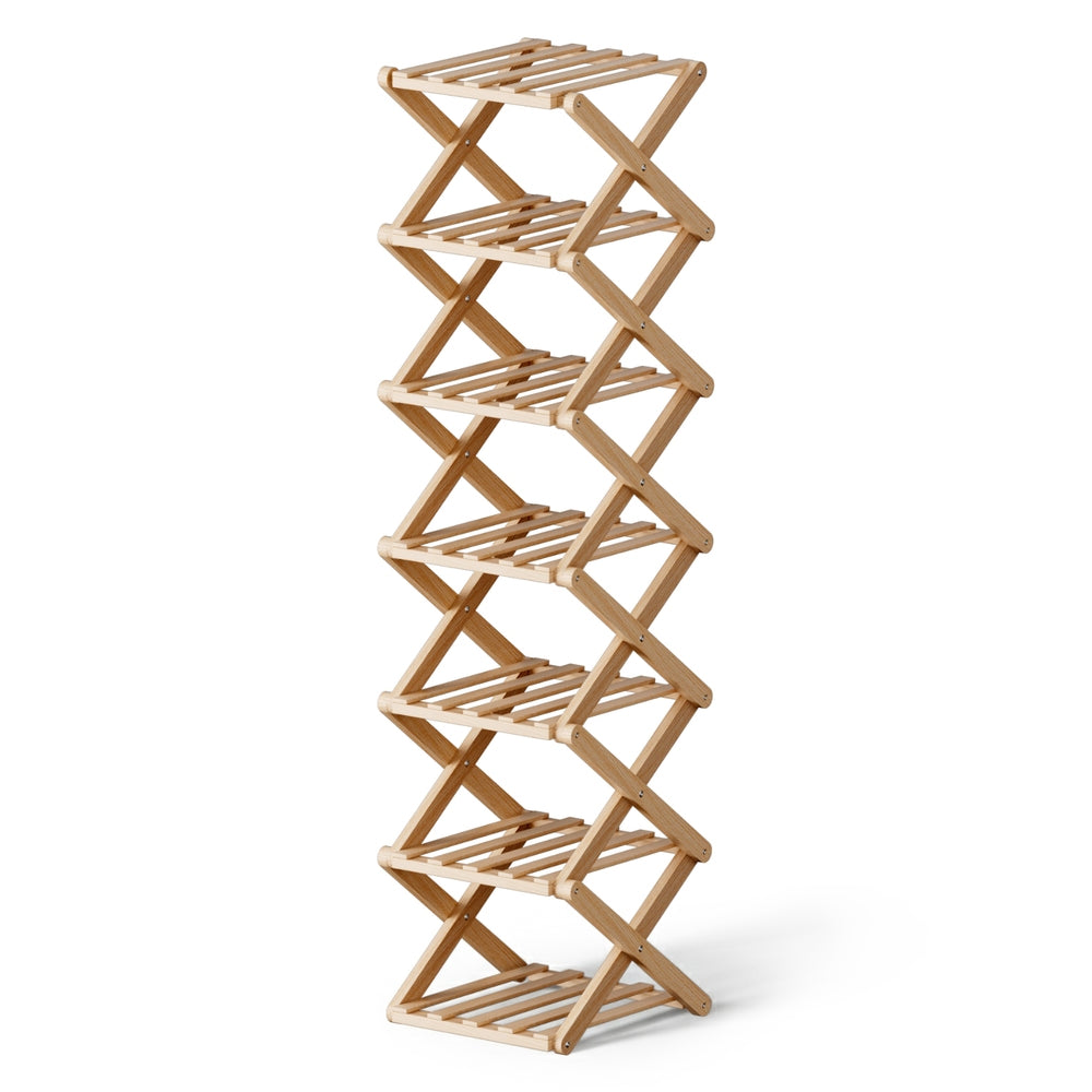 7-Tier Bamboo Foldable Shoe Rack Organizer – Pine Finish, Compact Design