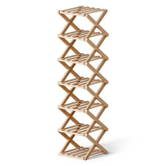 7-Tier Bamboo Foldable Shoe Rack Organizer – Pine Finish, Compact Design