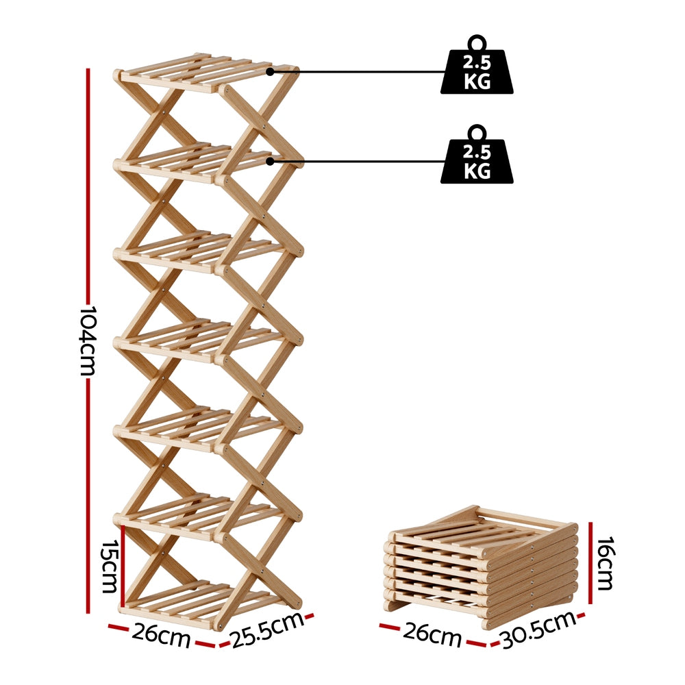 7-Tier Bamboo Foldable Shoe Rack Organizer – Pine Finish, Compact Design