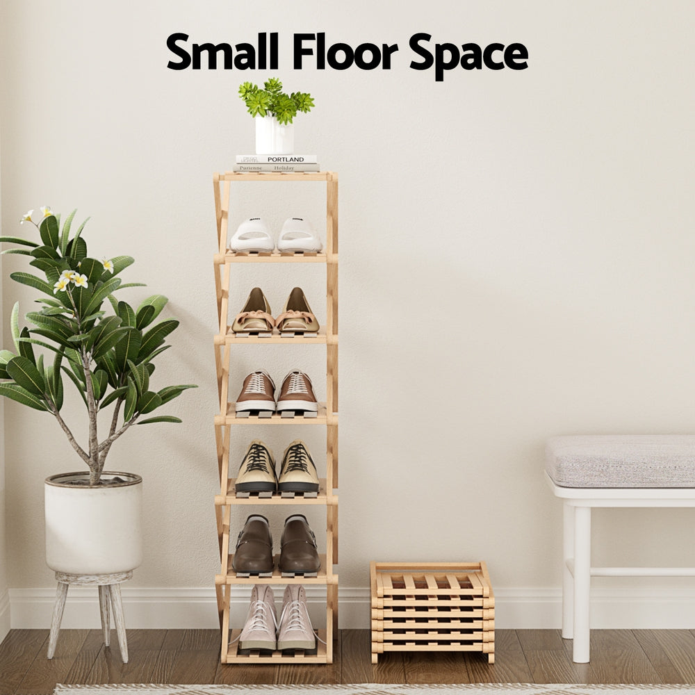 7-Tier Bamboo Foldable Shoe Rack Organizer – Pine Finish, Compact Design