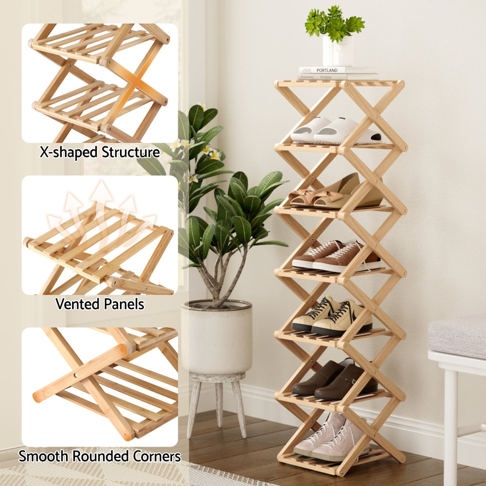 7-Tier Bamboo Foldable Shoe Rack Organizer – Pine Finish, Compact Design