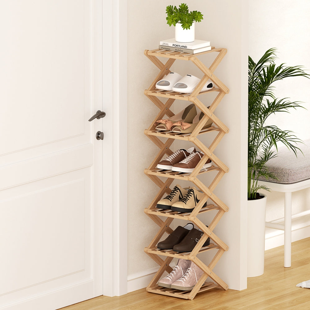 7-Tier Bamboo Foldable Shoe Rack Organizer – Pine Finish, Compact Design