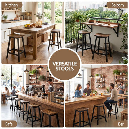 TWSC Bar Stools Set of 2 Kitchen Counter Stools Wooden Industrial Rustic Brown