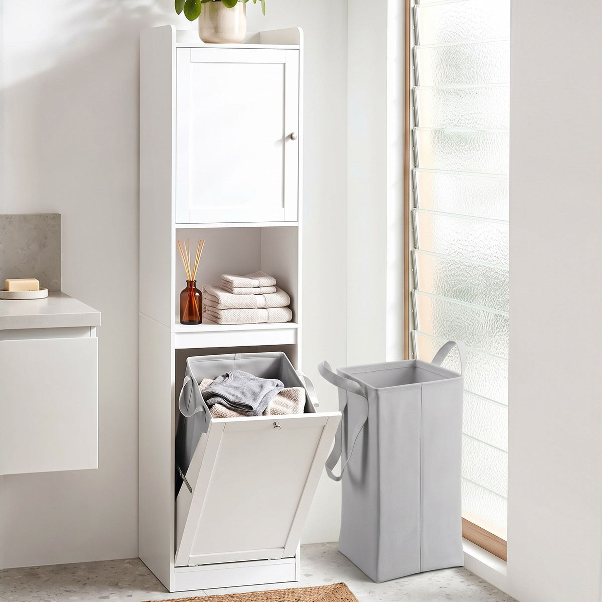 TWSC Tall Bathroom Storage Cabinet with Tilt Out Laundry Hamper White 170cm