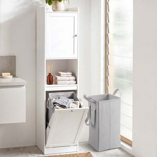 TWSC Tall Bathroom Storage Cabinet with Tilt Out Laundry Hamper White 170cm