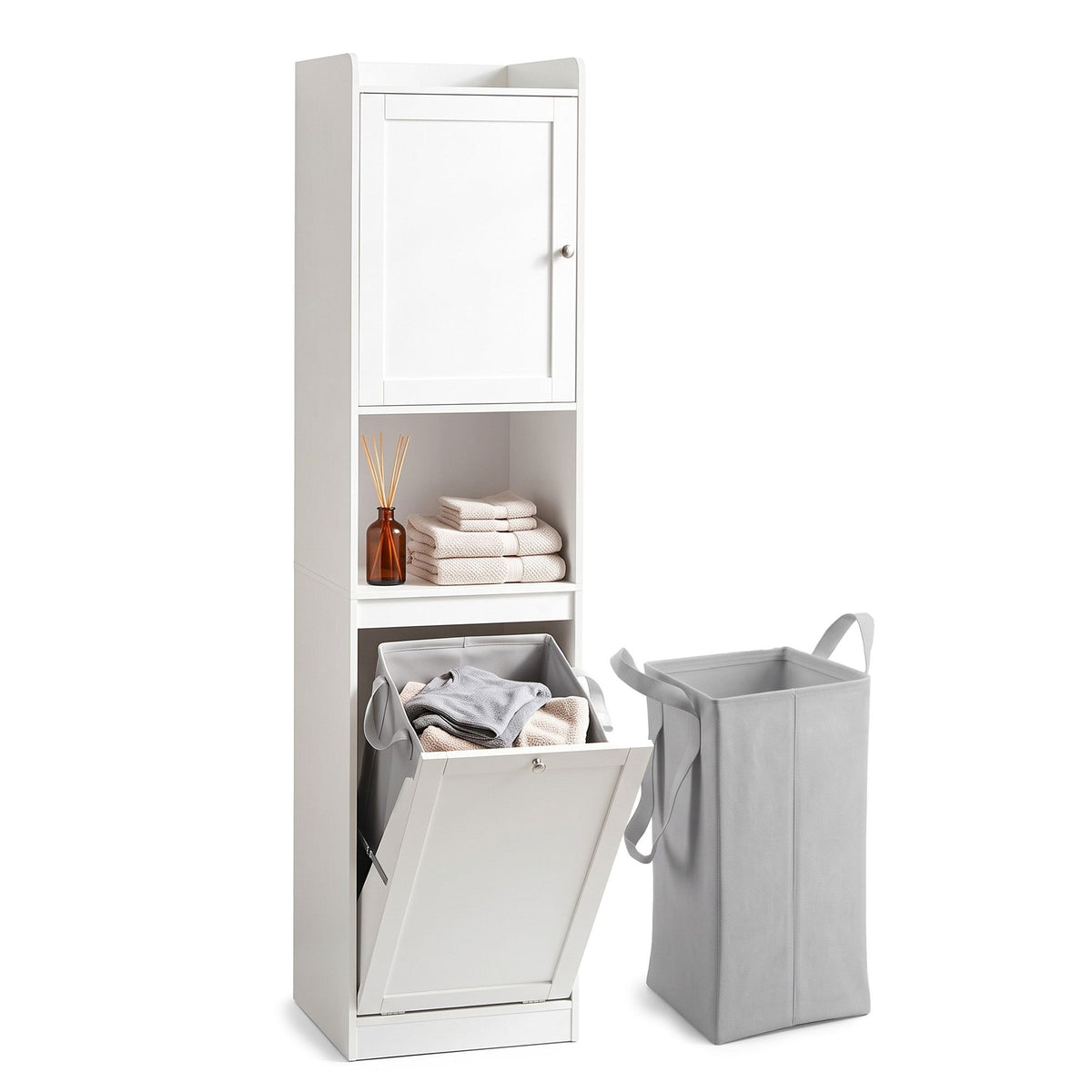 TWSC Tall Bathroom Storage Cabinet with Tilt Out Laundry Hamper White 170cm