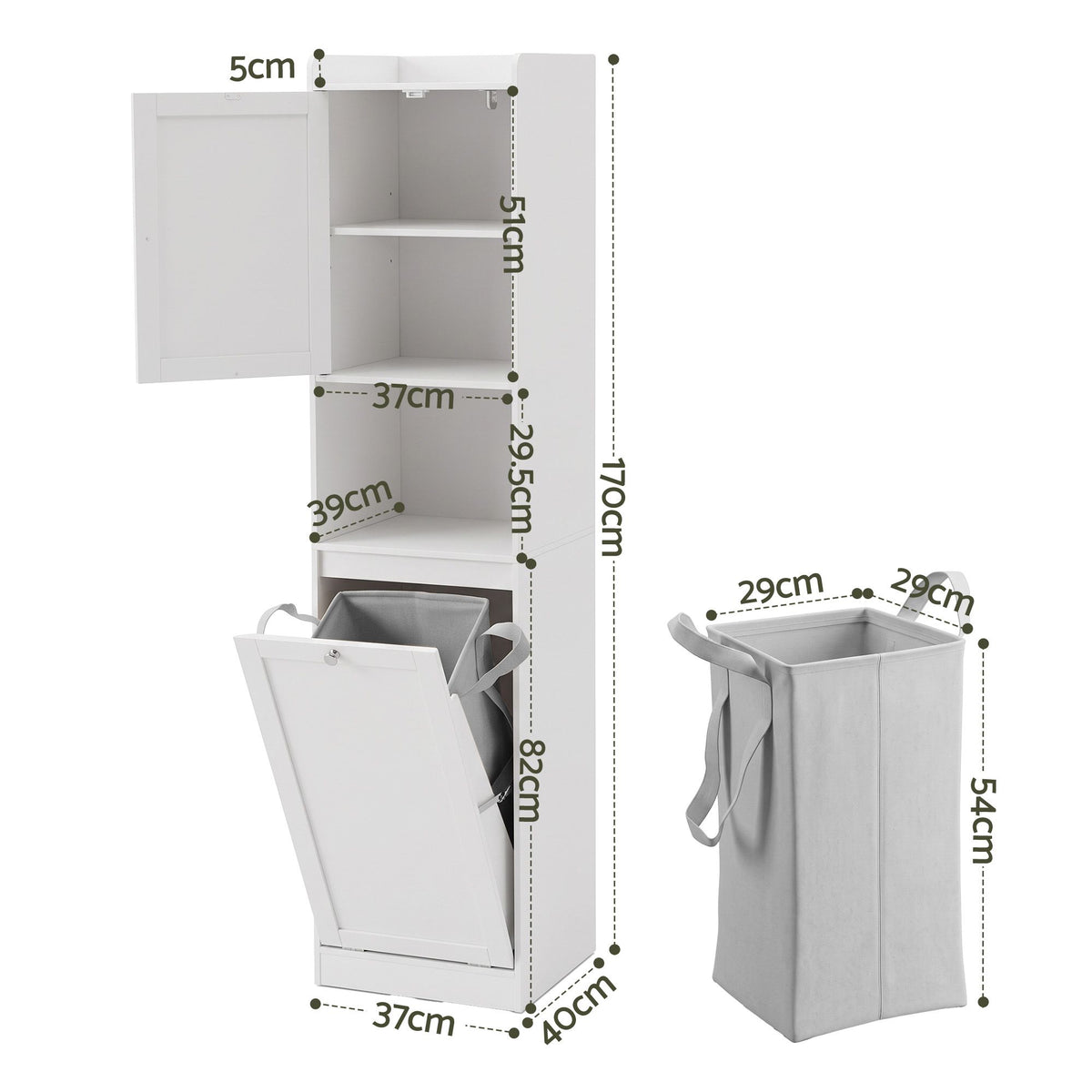 TWSC Tall Bathroom Storage Cabinet with Tilt Out Laundry Hamper White 170cm