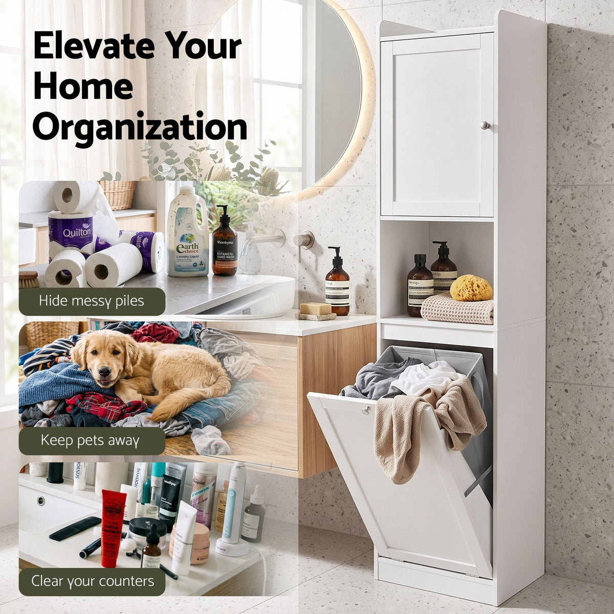 TWSC Tall Bathroom Storage Cabinet with Tilt Out Laundry Hamper White 170cm