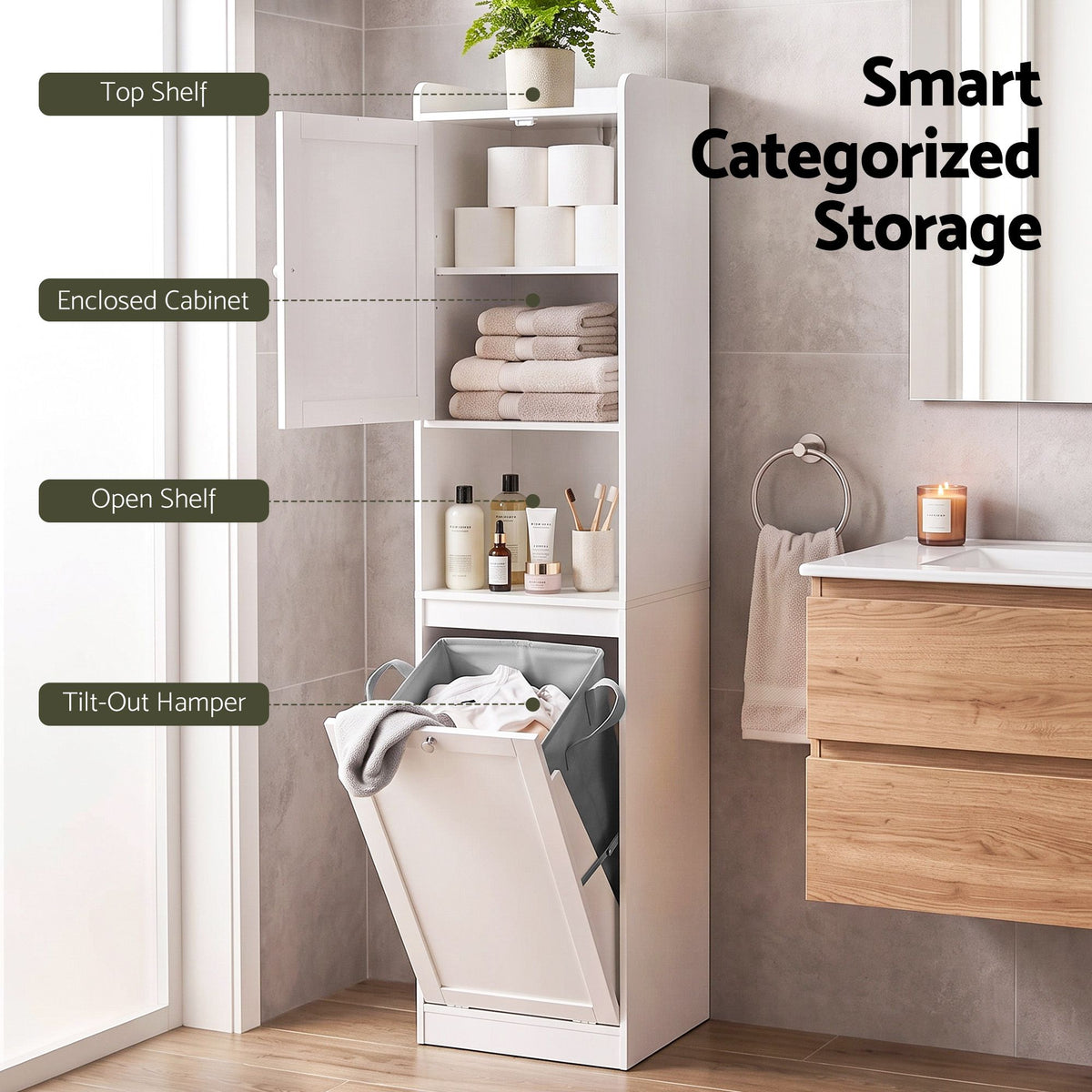TWSC Tall Bathroom Storage Cabinet with Tilt Out Laundry Hamper White 170cm