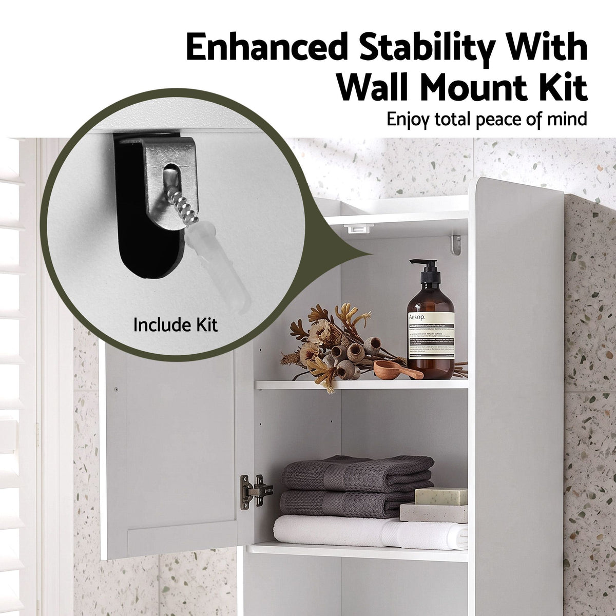 TWSC Tall Bathroom Storage Cabinet with Tilt Out Laundry Hamper White 170cm