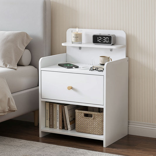 TWSC Bedside Table Drawer Charging Station White