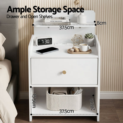 TWSC Bedside Table Drawer Charging Station White