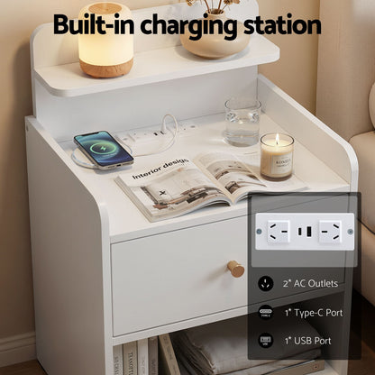 TWSC Bedside Table Drawer Charging Station White
