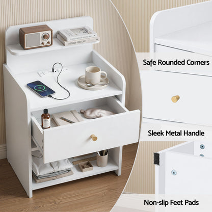 TWSC Bedside Table Drawer Charging Station White