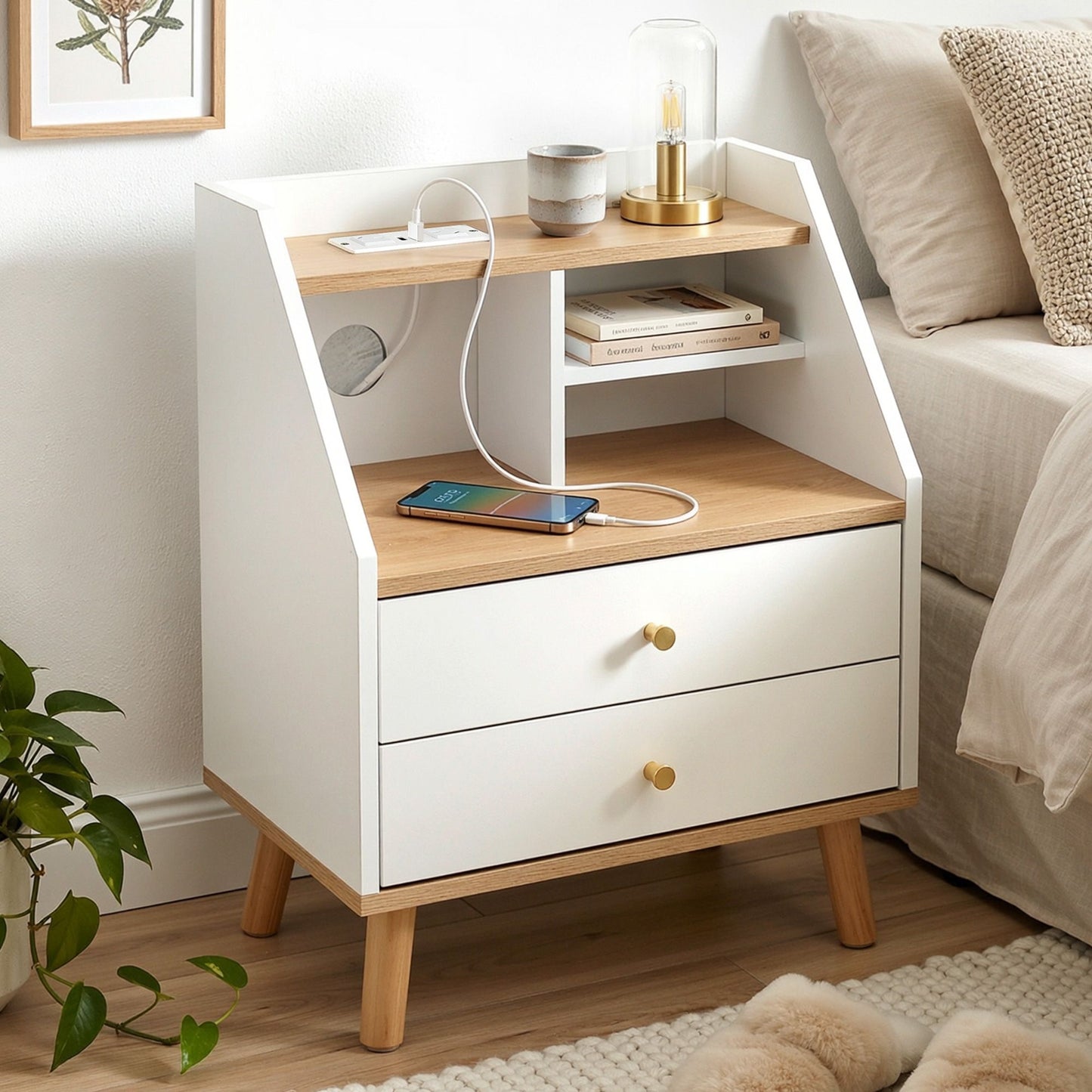 TWSC Bedside Table 2 Drawers Charging Station White and Pine