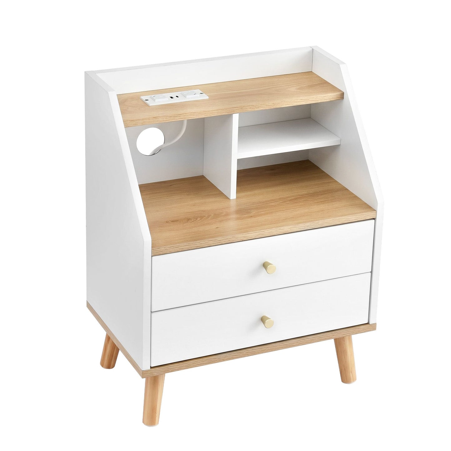 TWSC Bedside Table 2 Drawers Charging Station White and Pine