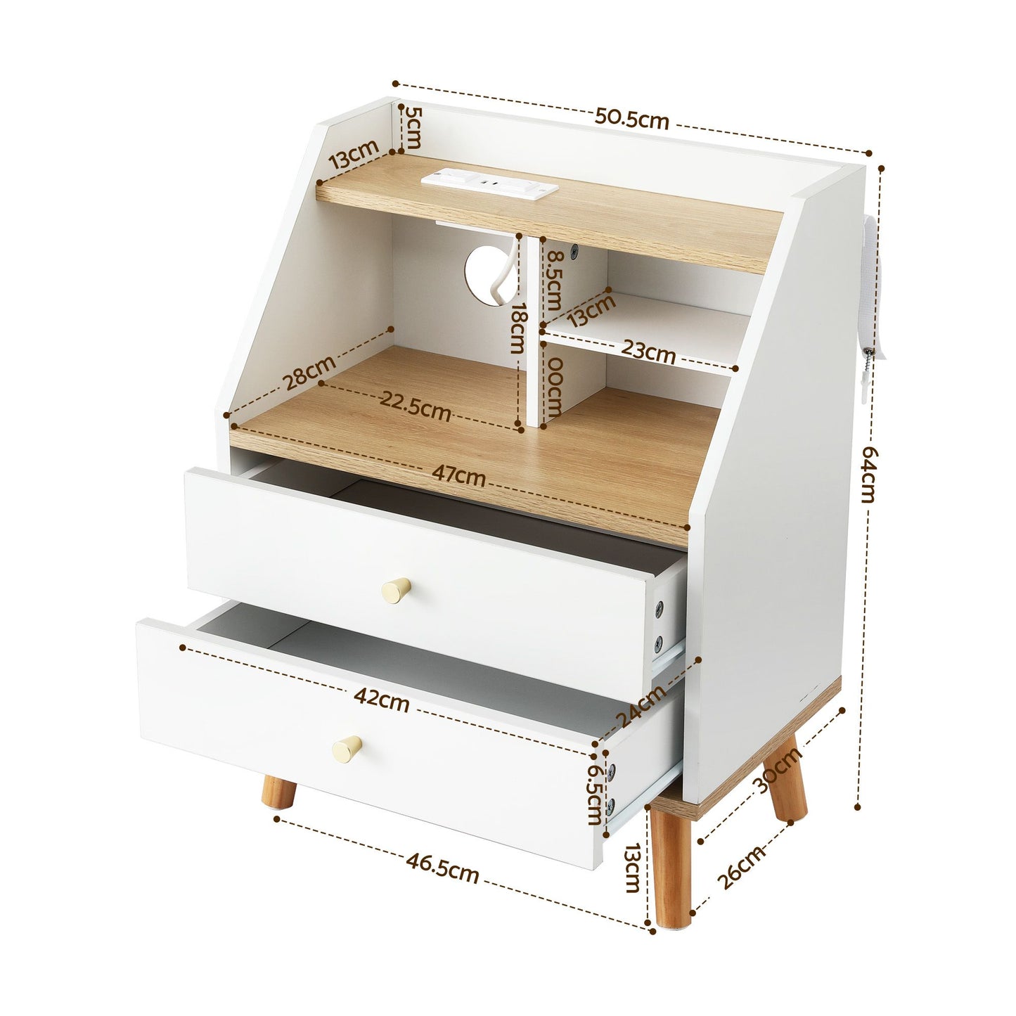 TWSC Bedside Table 2 Drawers Charging Station White and Pine