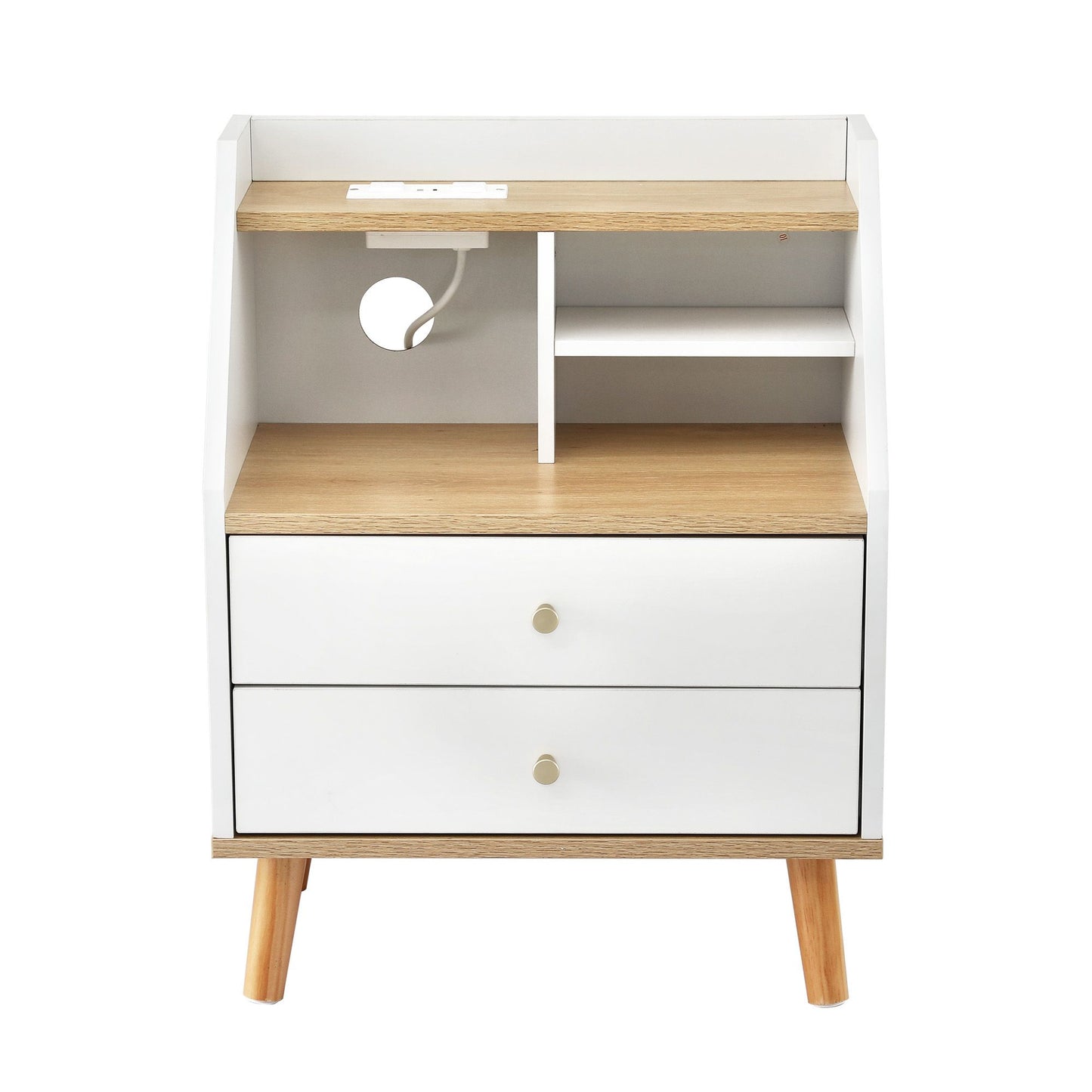 TWSC Bedside Table 2 Drawers Charging Station White and Pine