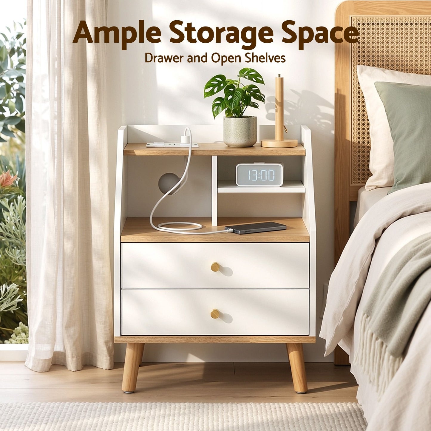 TWSC Bedside Table 2 Drawers Charging Station White and Pine
