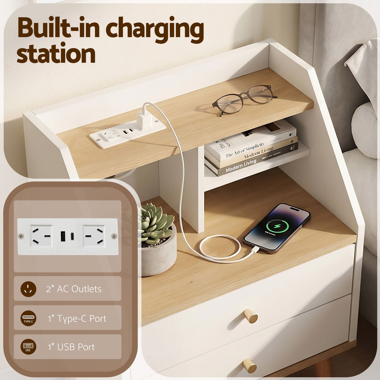 TWSC Bedside Table 2 Drawers Charging Station White and Pine