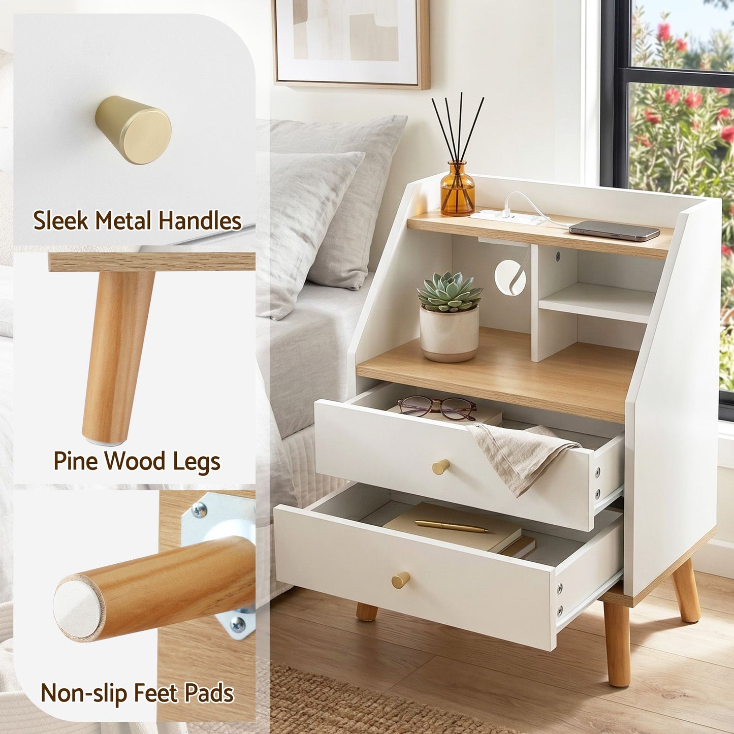 TWSC Bedside Table 2 Drawers Charging Station White and Pine