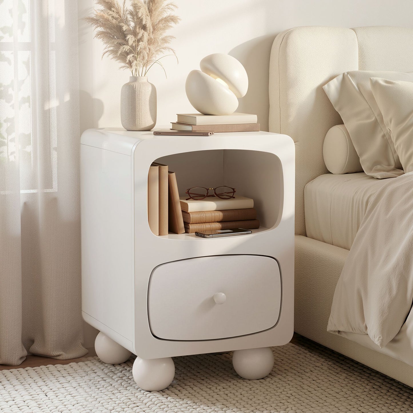 TWSC Bedside Table Storage Drawer Shelf Pine Wood Legs White