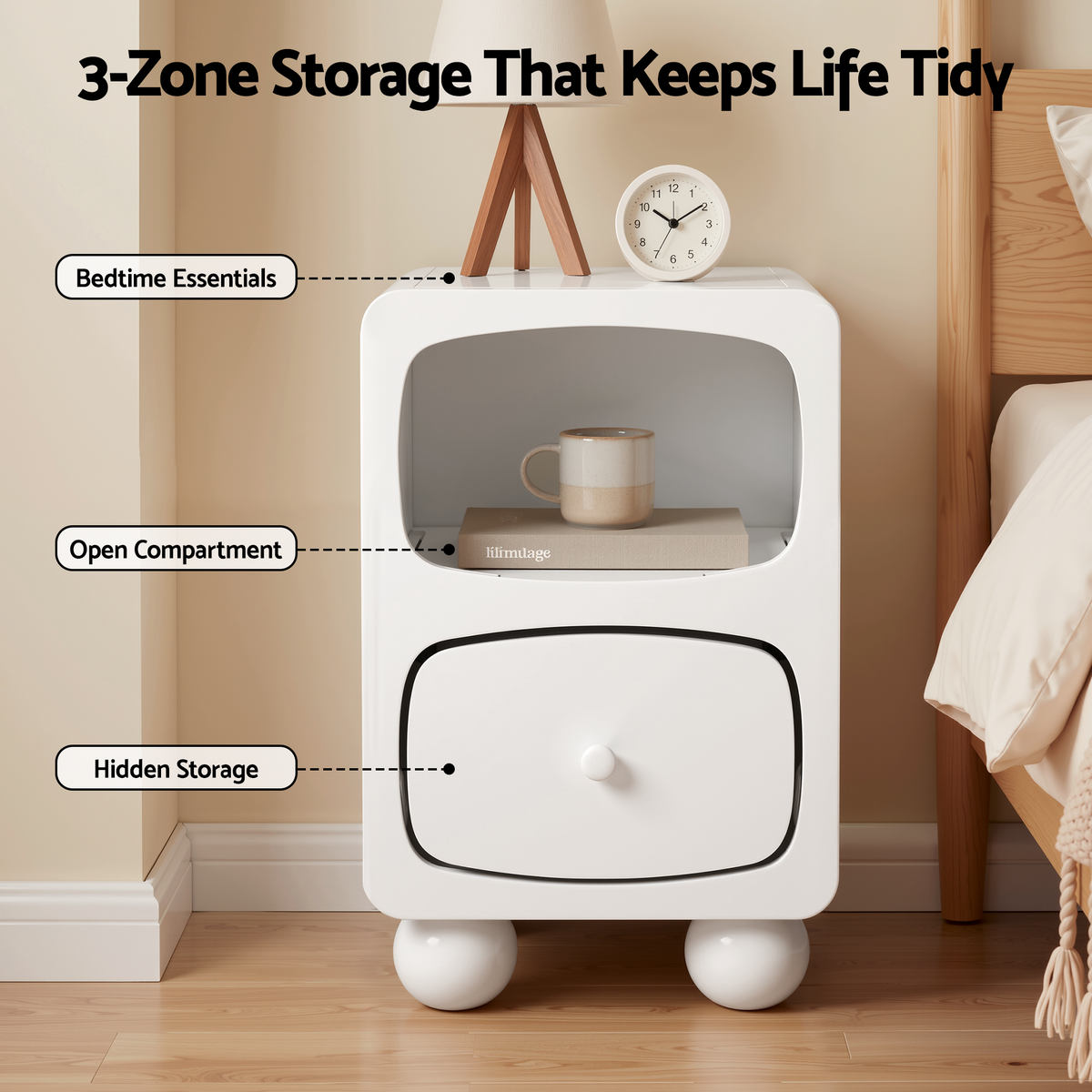 TWSC Bedside Table Storage Drawer Shelf Pine Wood Legs White