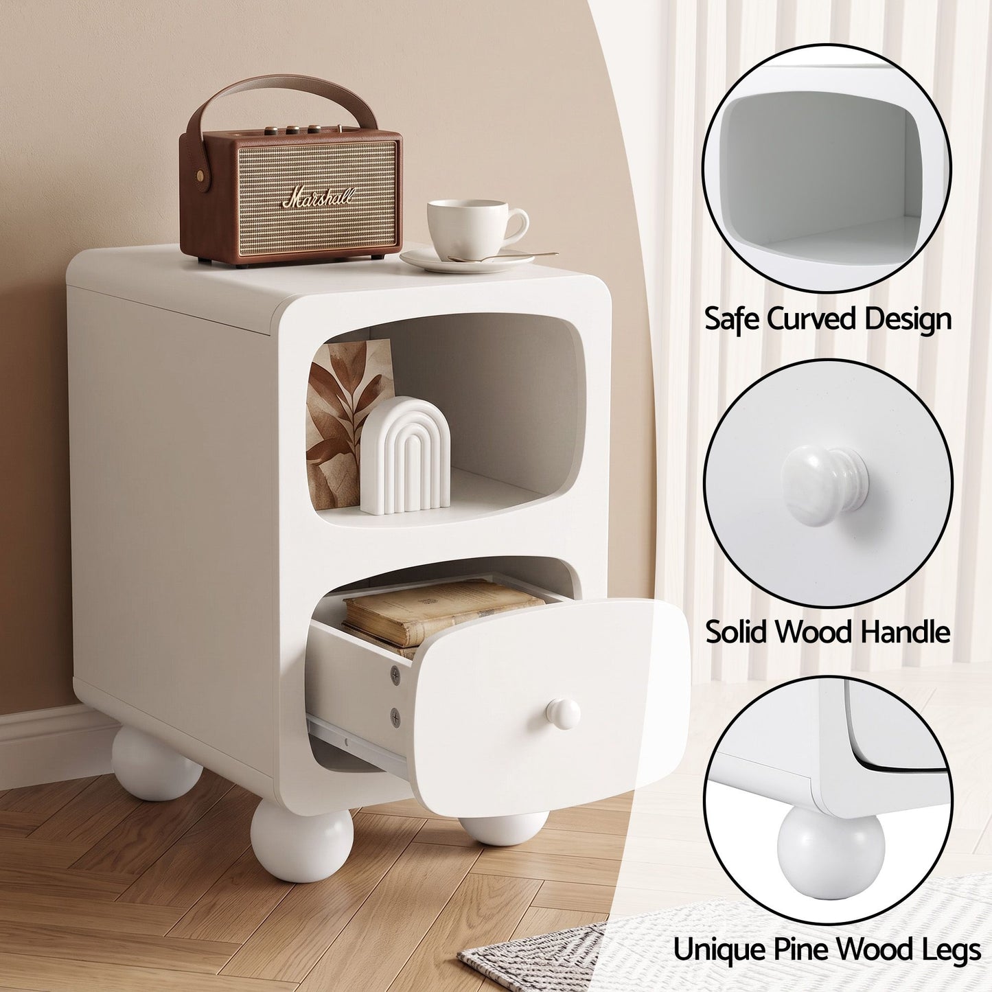 TWSC Bedside Table Storage Drawer Shelf Pine Wood Legs White
